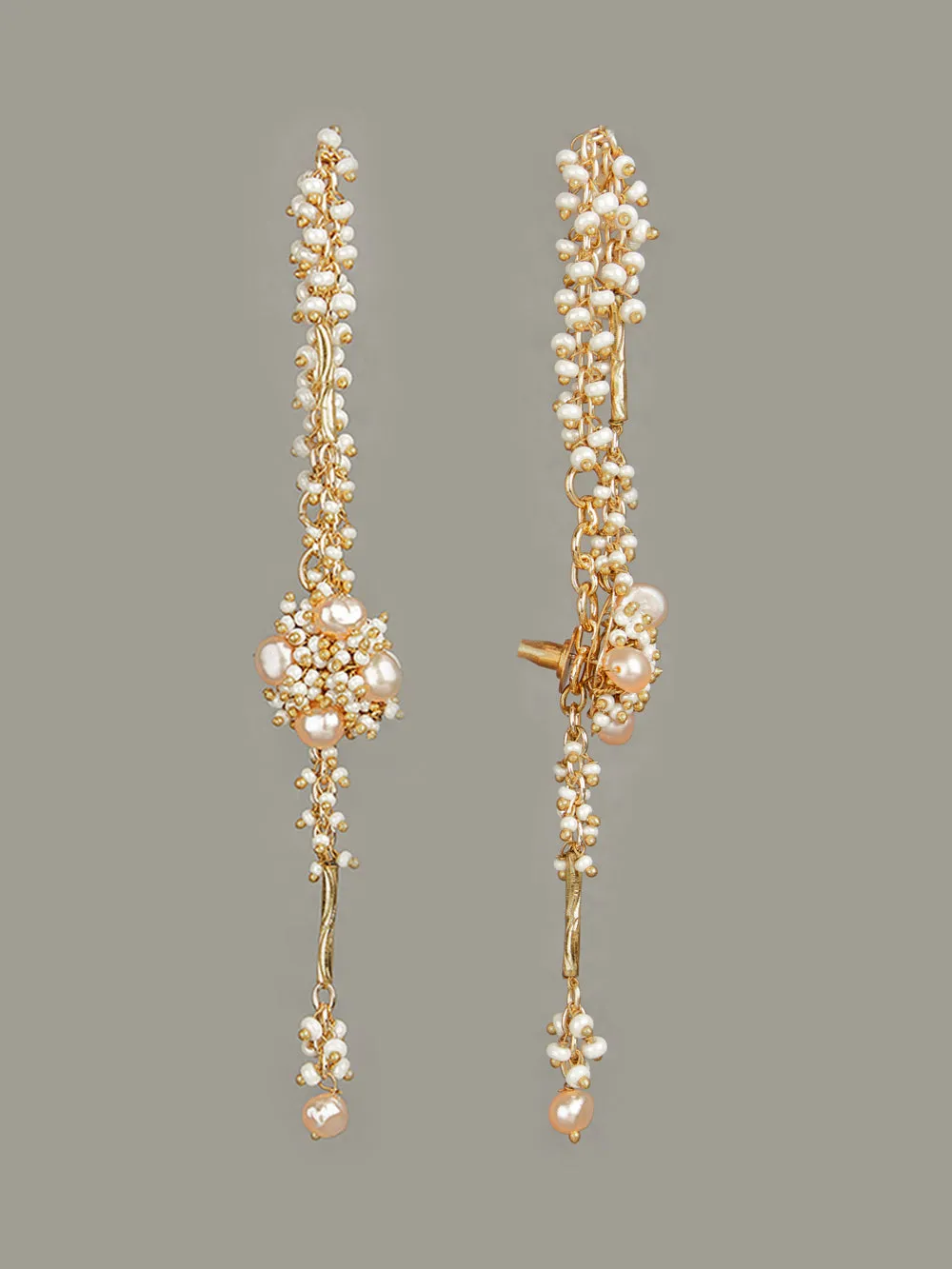 Handcrafted Peach Pearl And Metal Earrings