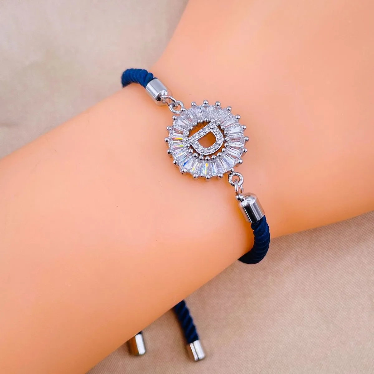 Initial Alphabet Letter D Blue Silver Cubic Zirconia Thread Bracelet Women