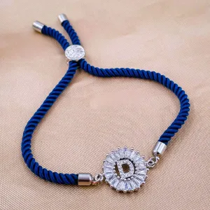 Initial Alphabet Letter D Blue Silver Cubic Zirconia Thread Bracelet Women