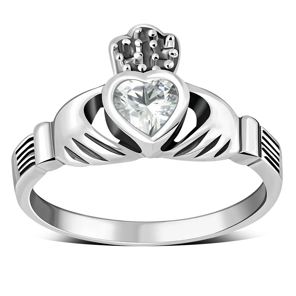 Irish Claddagh Sterling Silver Ring set w/ Clear CZ