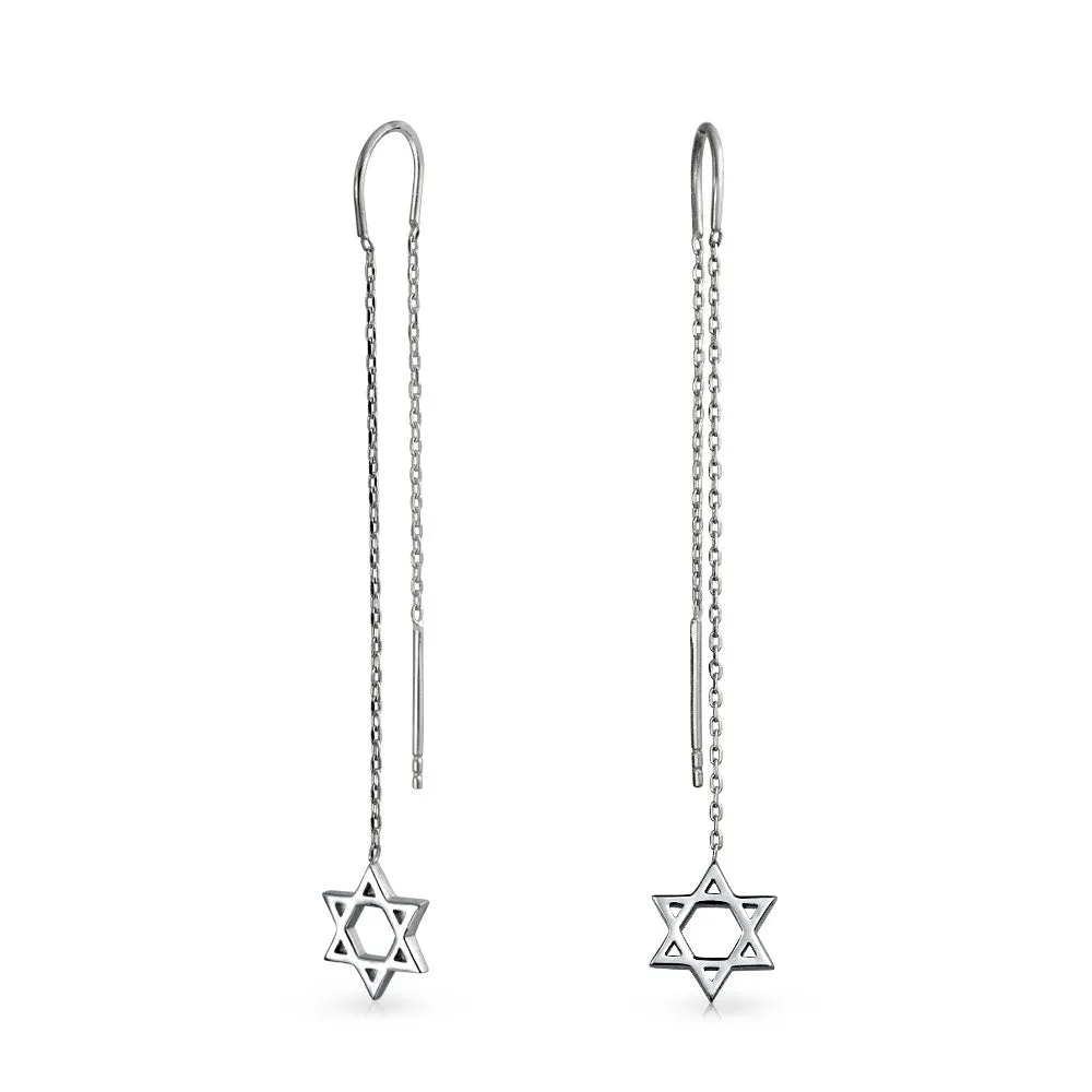 Judaic Star Of David Dangle Earrings Sterling Silver Threader for Bat Mitzvah