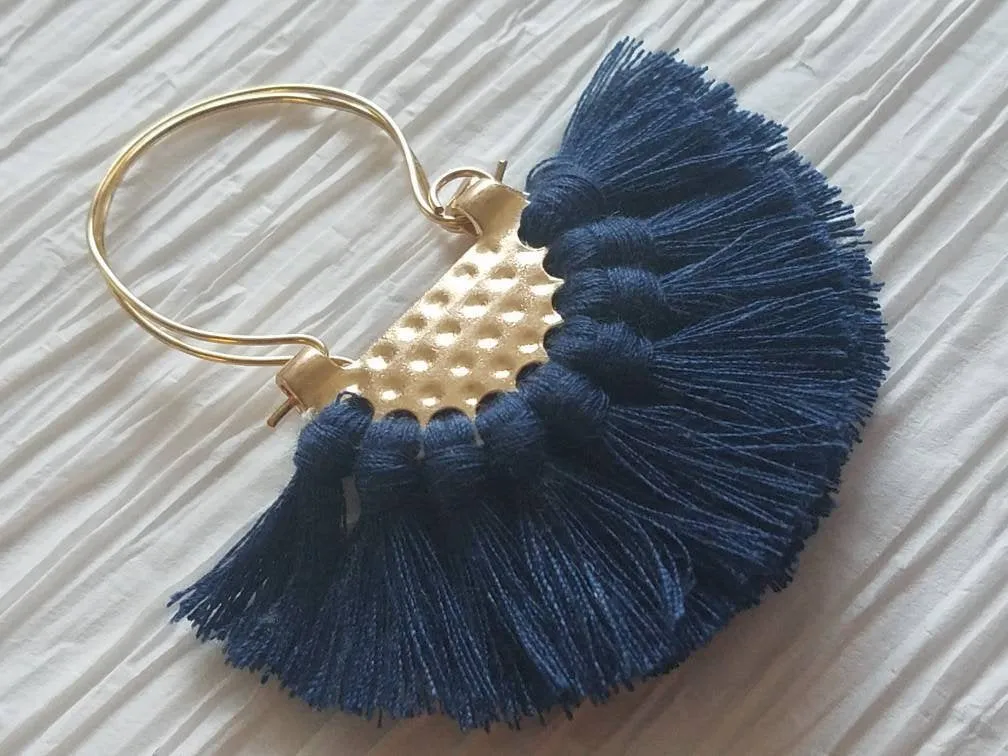 Large Navy Fringe Crescent Fan Shape Hoop Statement Trendy,  Southern Fan Earrings