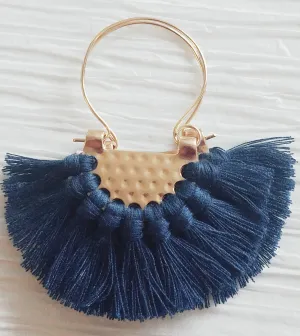Large Navy Fringe Crescent Fan Shape Hoop Statement Trendy,  Southern Fan Earrings