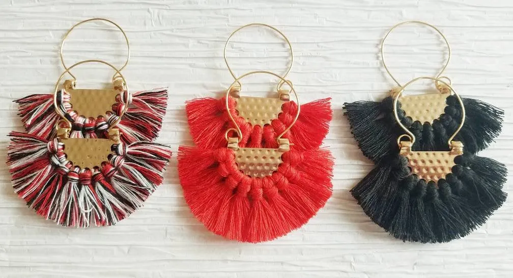 Large Navy Fringe Crescent Fan Shape Hoop Statement Trendy,  Southern Fan Earrings
