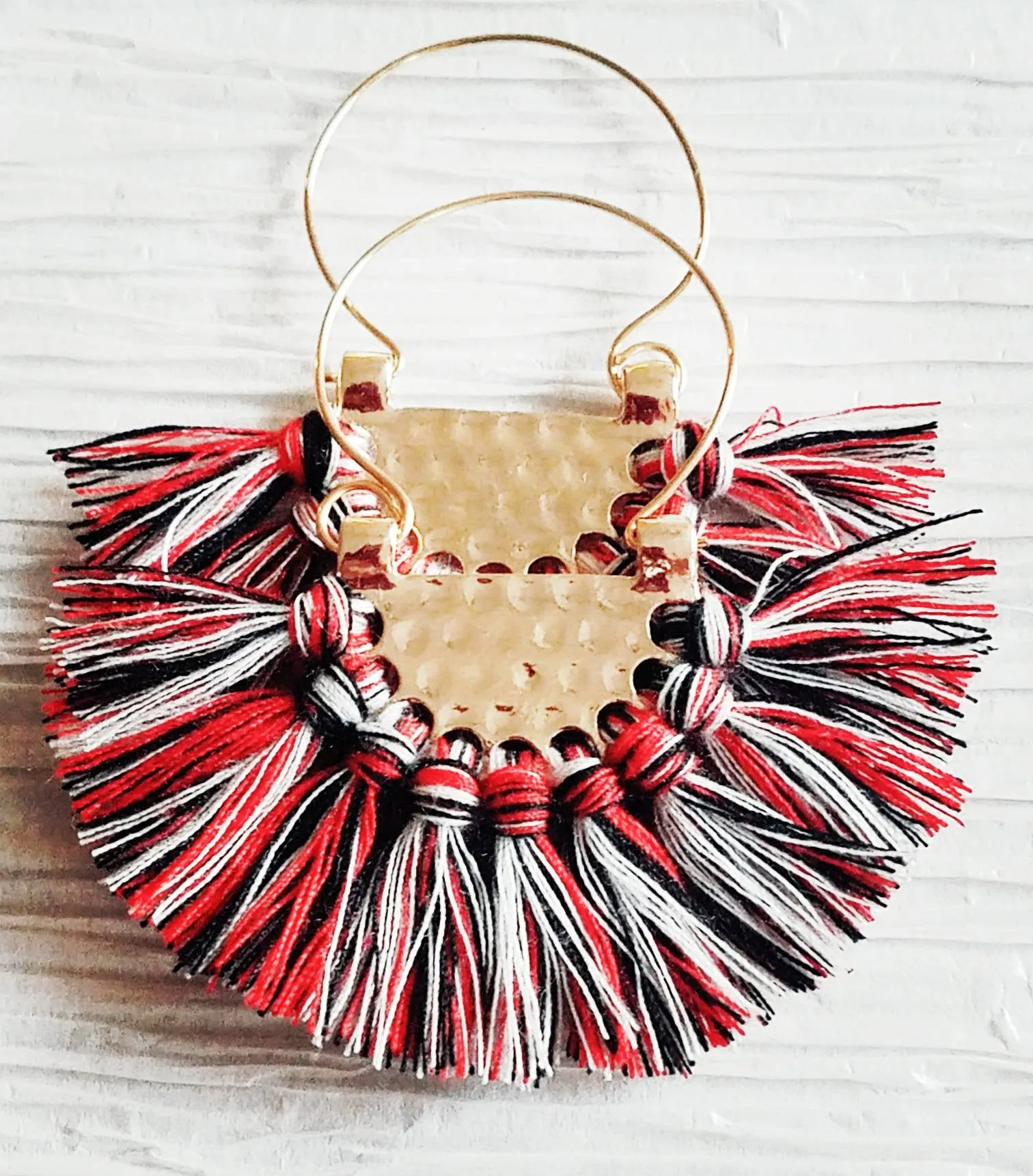 Large Navy Fringe Crescent Fan Shape Hoop Statement Trendy,  Southern Fan Earrings