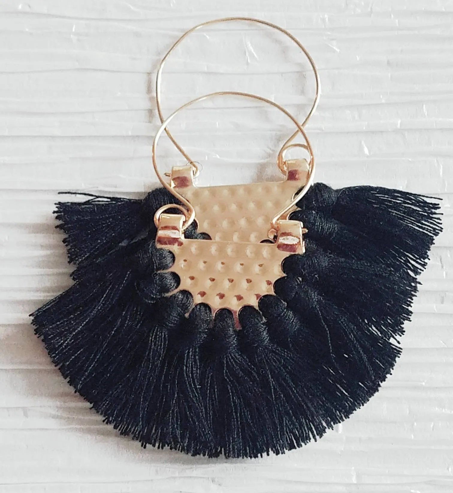 Large Navy Fringe Crescent Fan Shape Hoop Statement Trendy,  Southern Fan Earrings