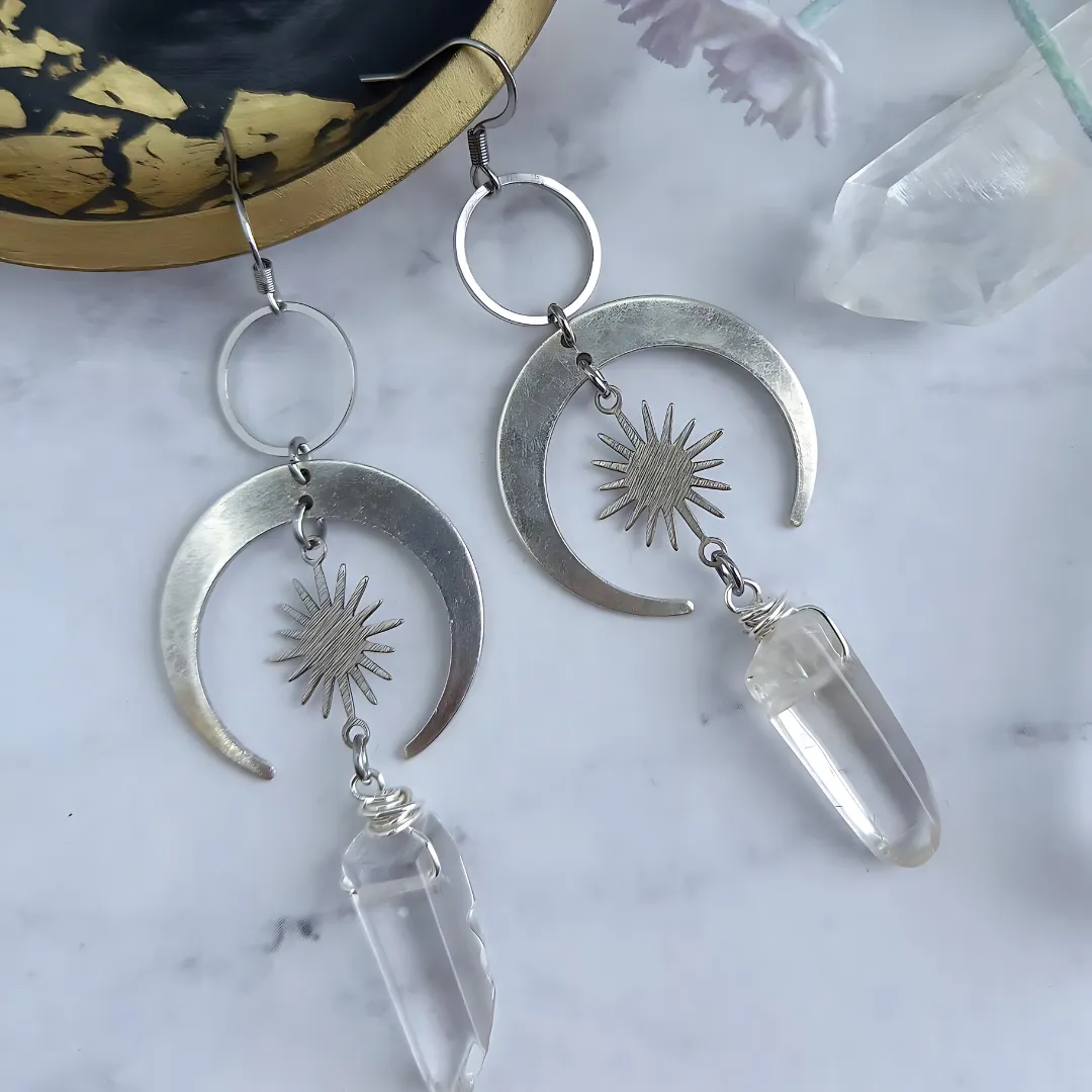 Lunar Aura Quartz Crescent Earrings