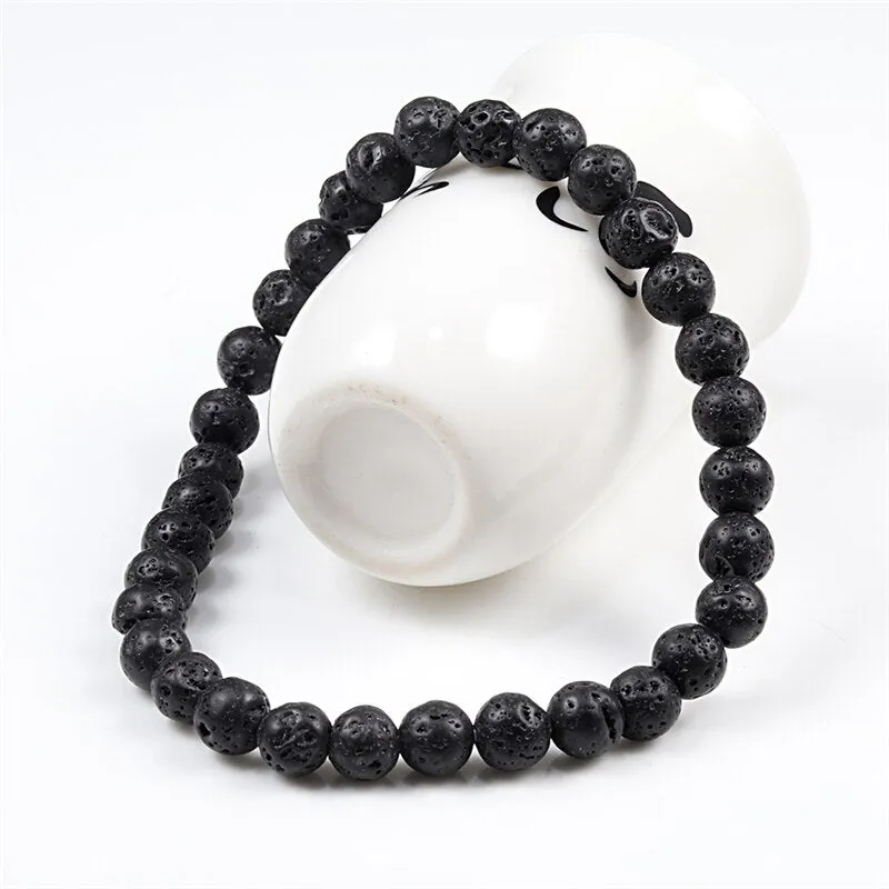 Macrame Bracelet Set Black Lava Rock Handmade Wrist Accessory