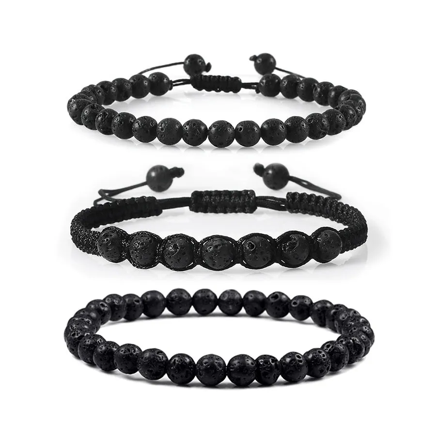 Macrame Bracelet Set Black Lava Rock Handmade Wrist Accessory