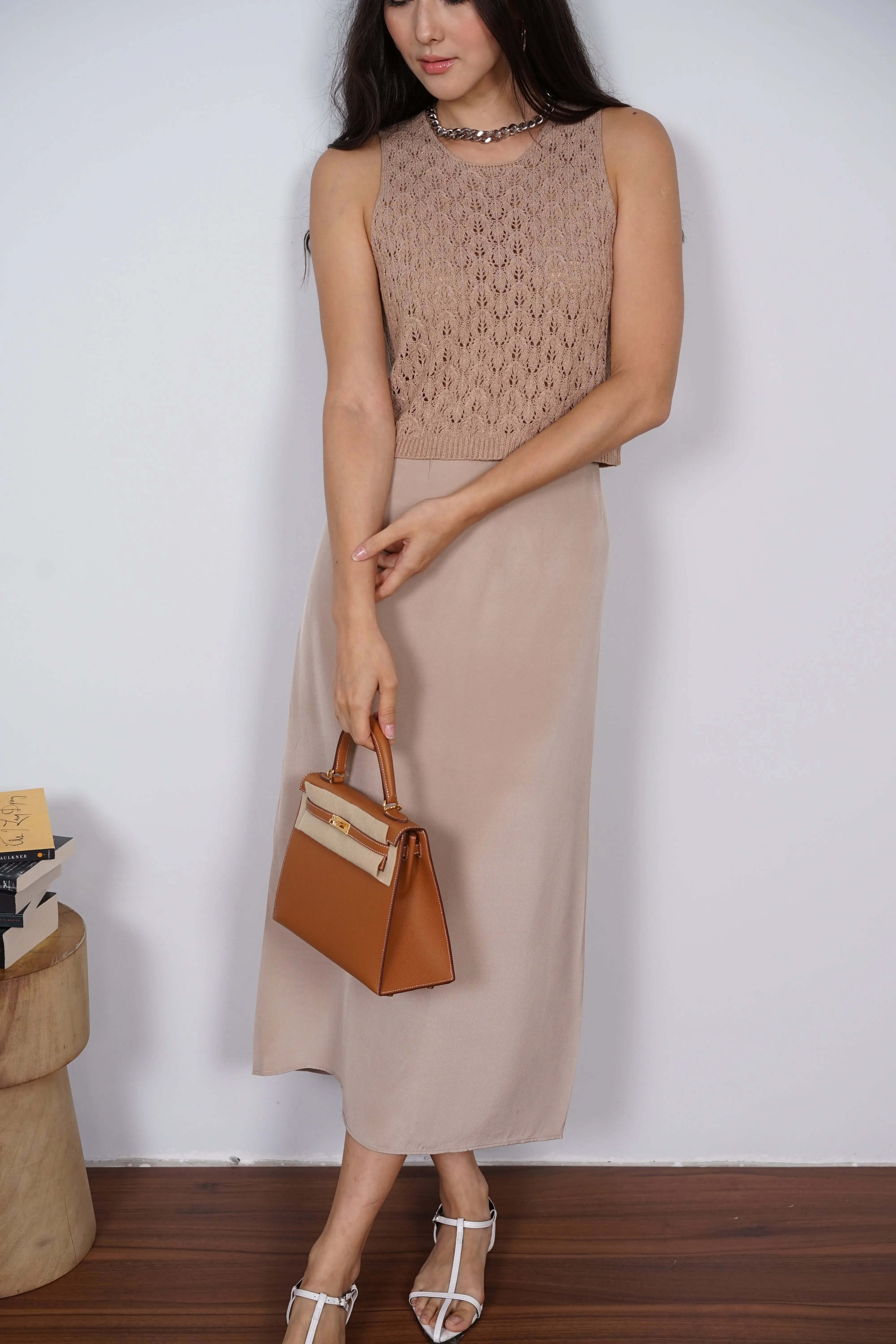 Macrame Knit Tank Top in Camel