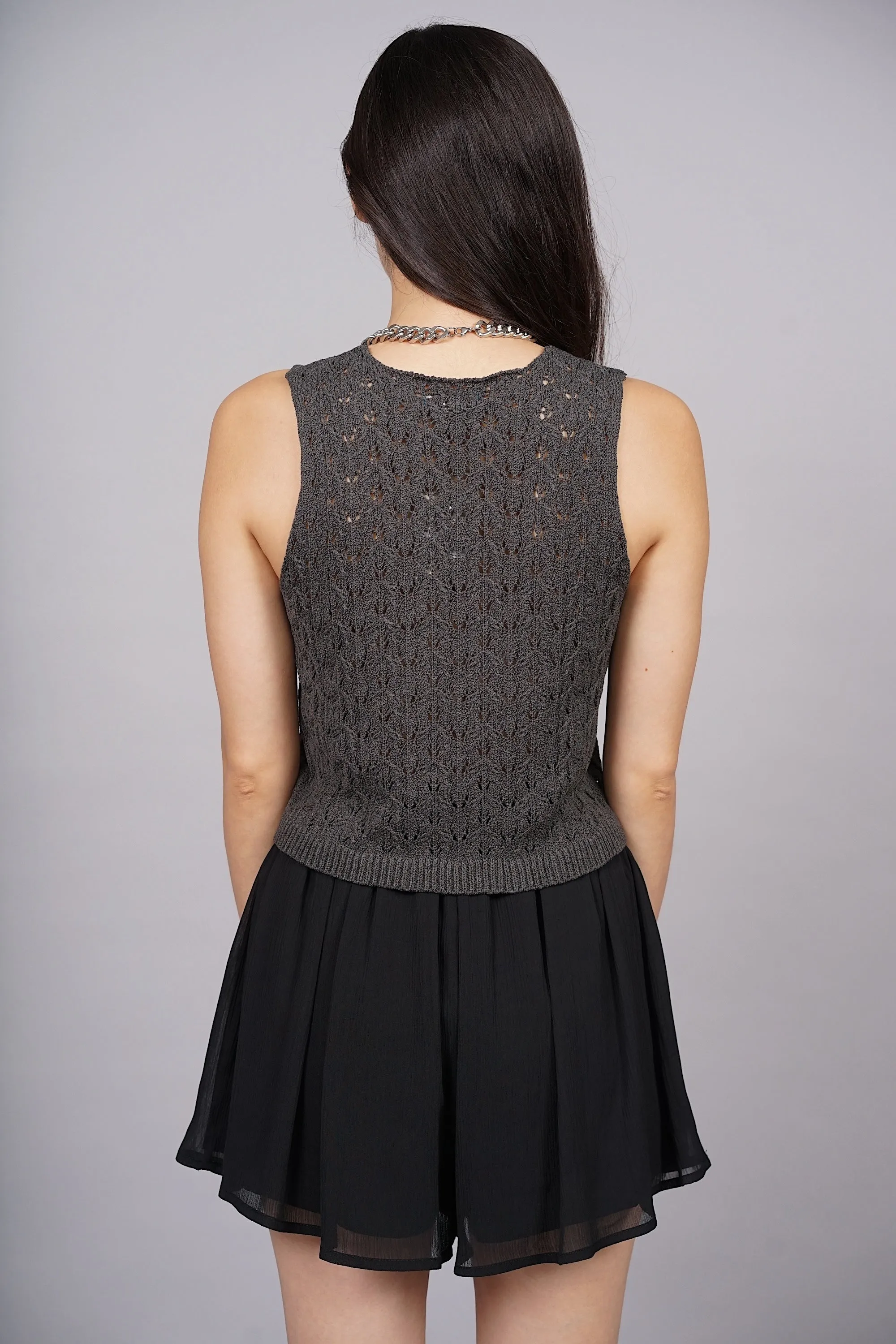 Macrame Knit Tank Top in Charcoal Grey