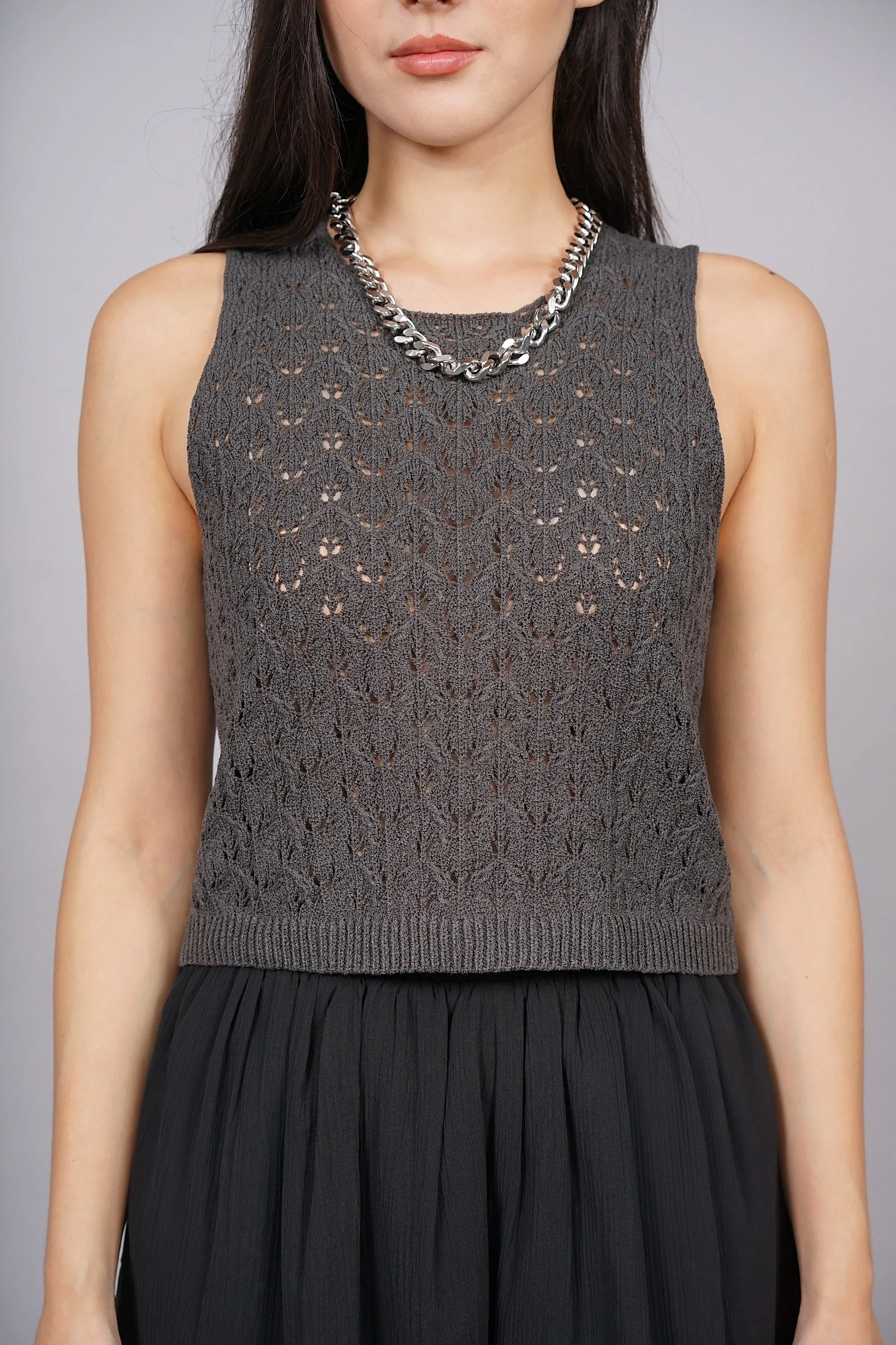 Macrame Knit Tank Top in Charcoal Grey