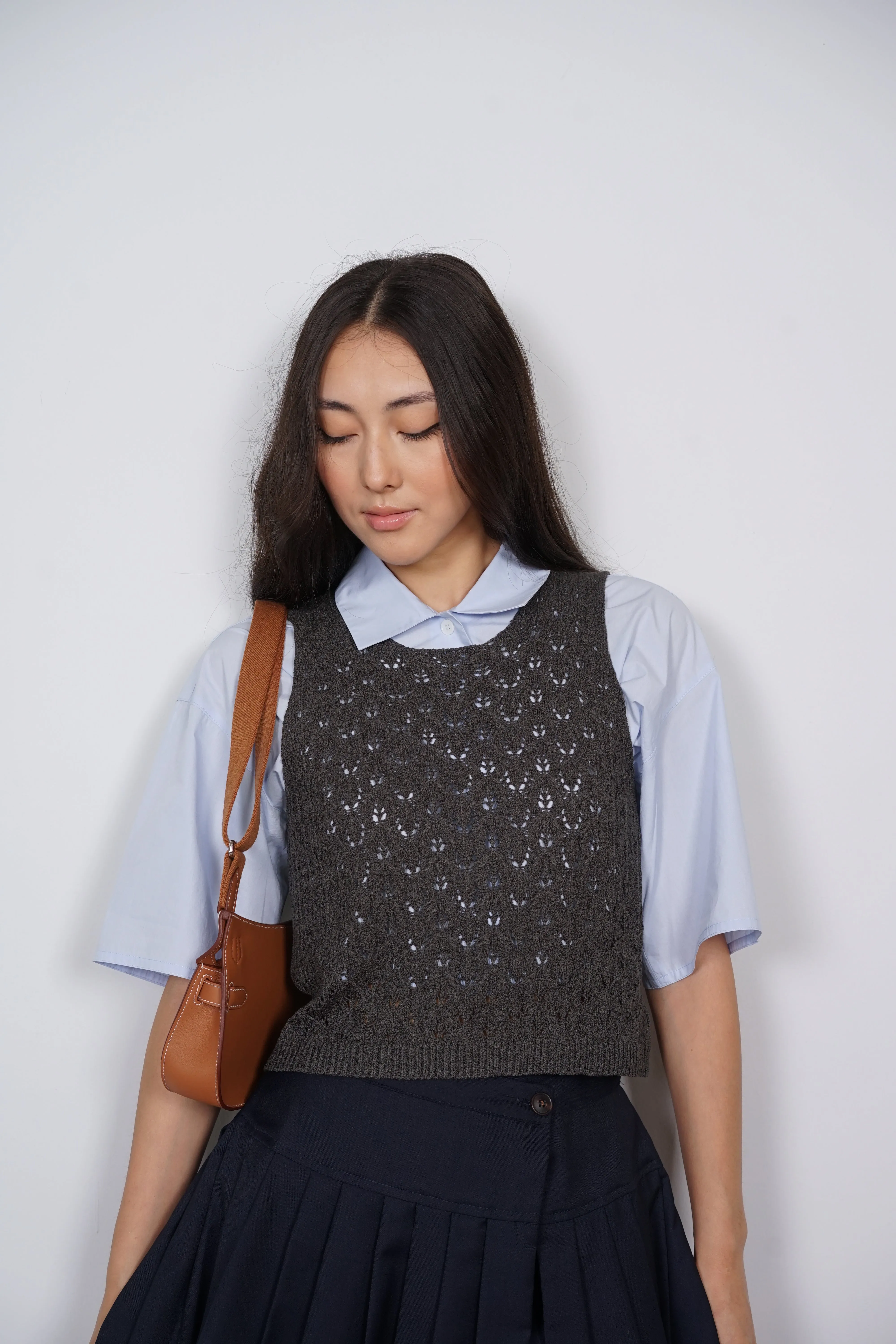 Macrame Knit Tank Top in Charcoal Grey