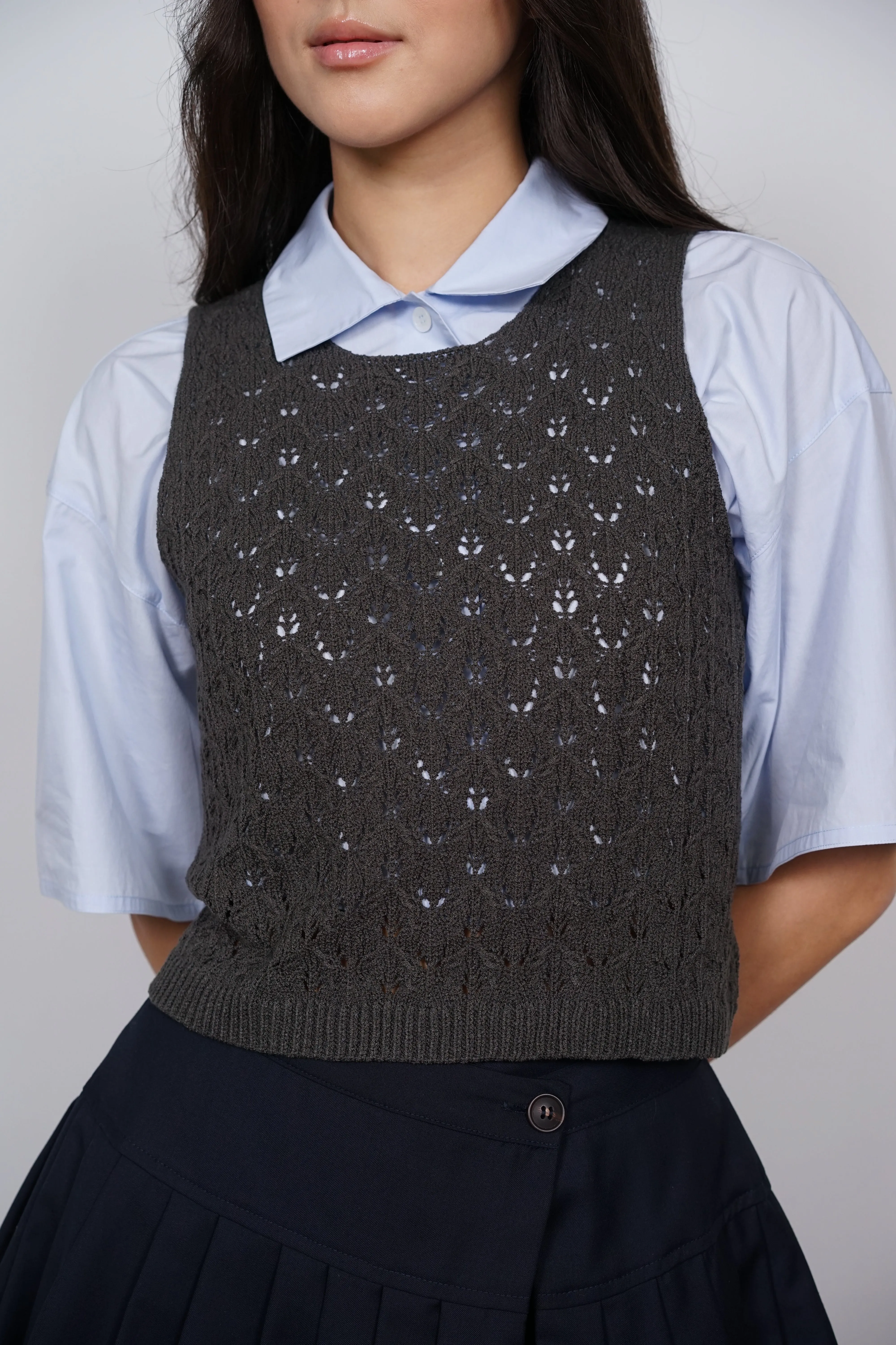 Macrame Knit Tank Top in Charcoal Grey
