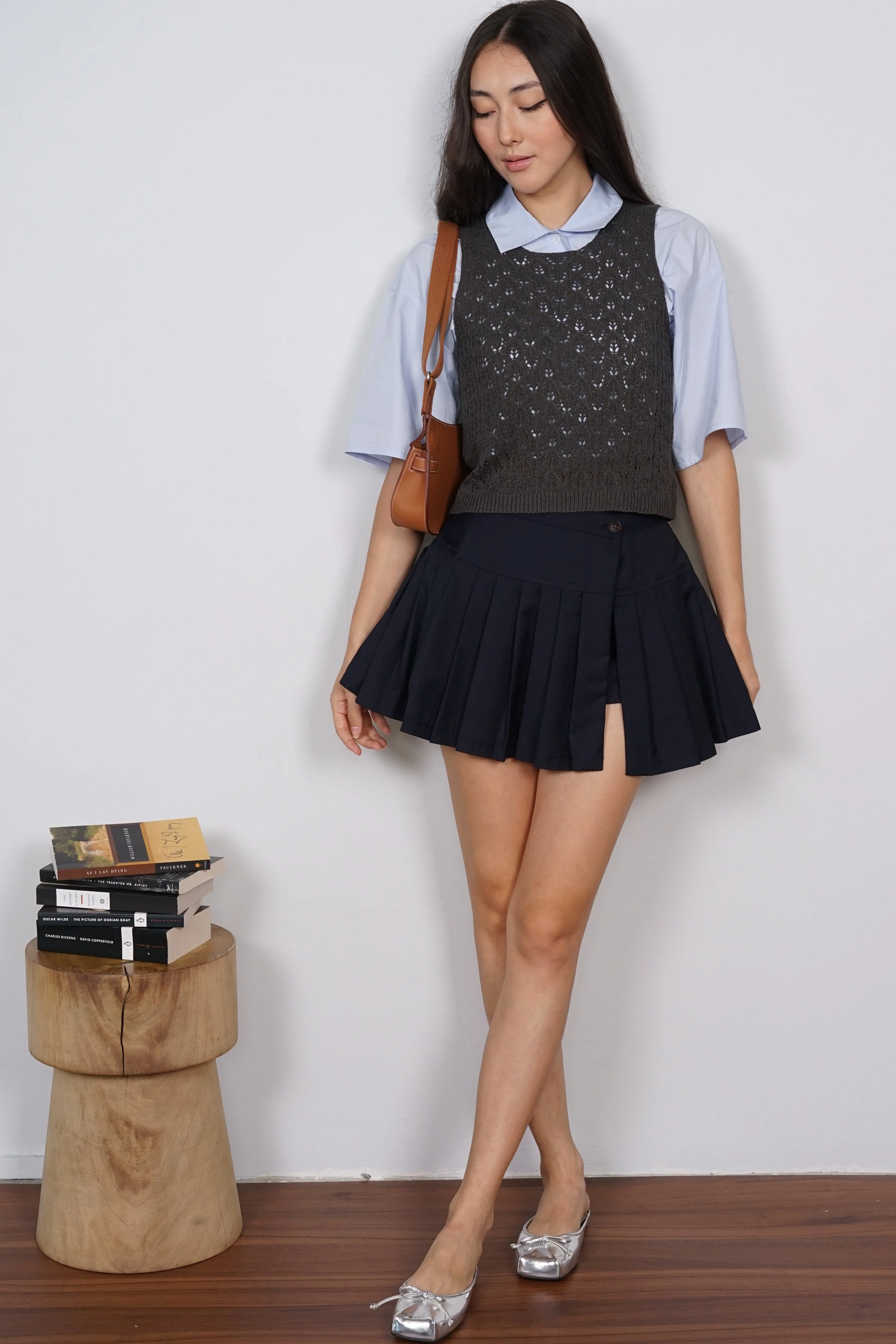 Macrame Knit Tank Top in Charcoal Grey