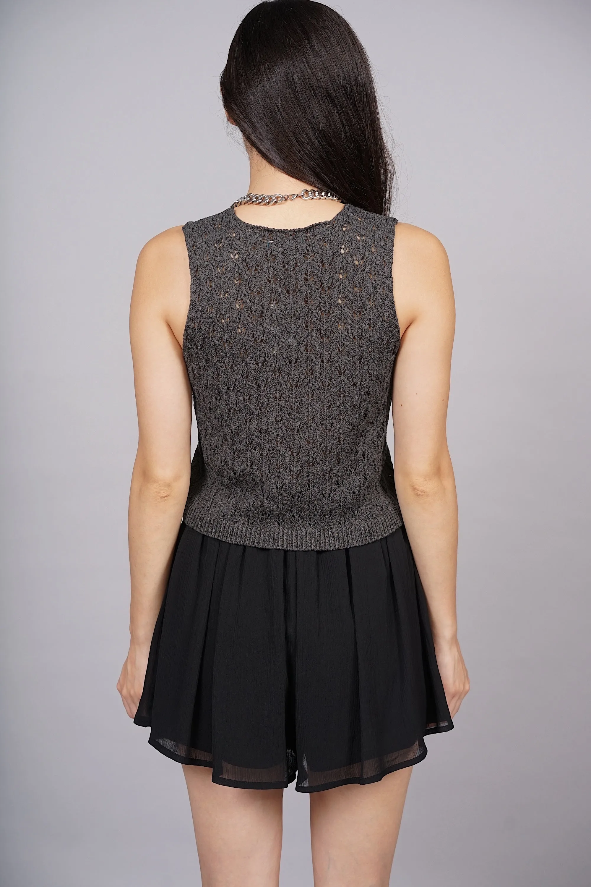 Macrame Knit Tank Top in Charcoal Grey