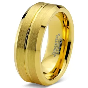 Men's Yellow Gold IP Tungsten Wedding Ring Bevel Edges and Grooved Center - 8mm