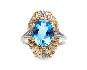 Mid century, 1930s, 14ct gold, aquamarine and diamond ring