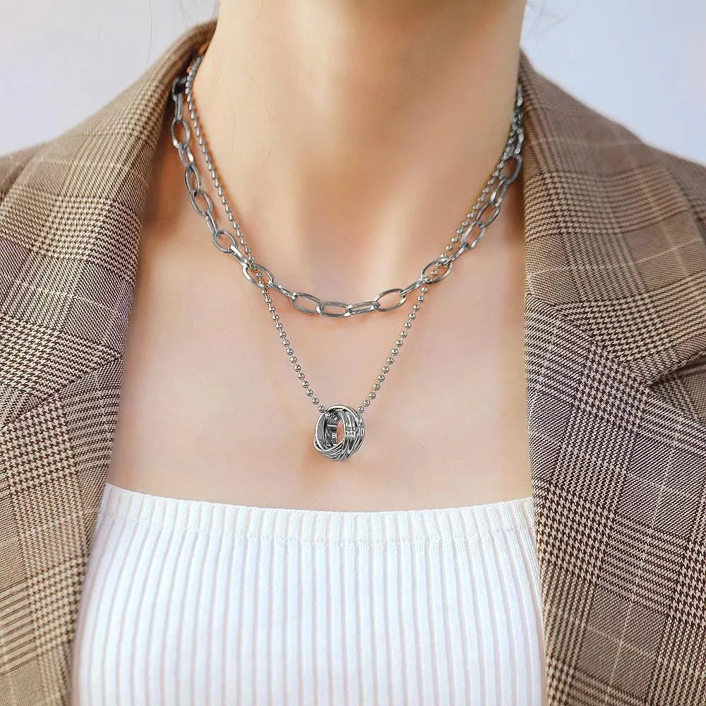 Multilayer 2 piece Swirl Pendant Necklace in White Gold Layered Steel Jewellery