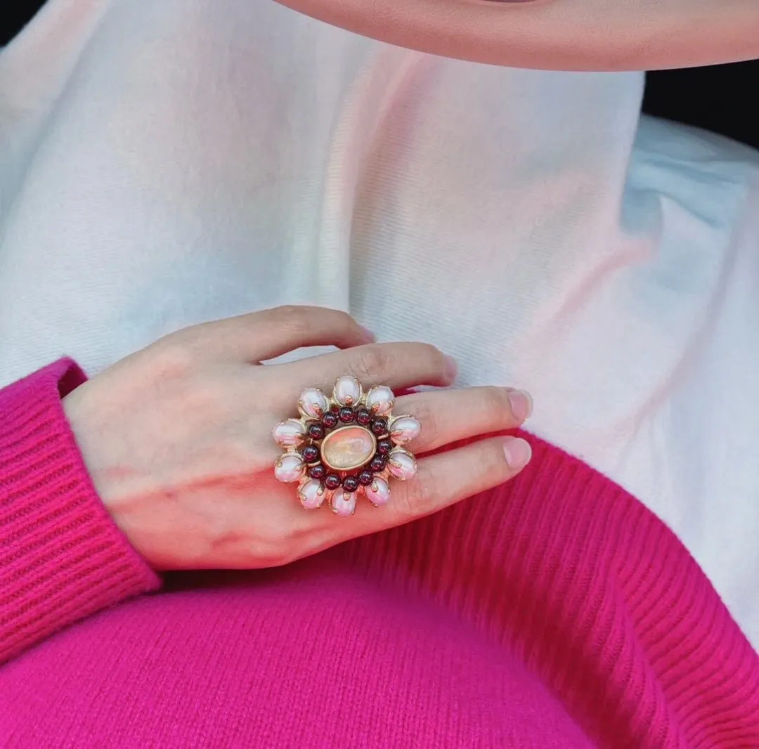 Natural Baroque Pearl Red Garnet Inlaid Open Ring