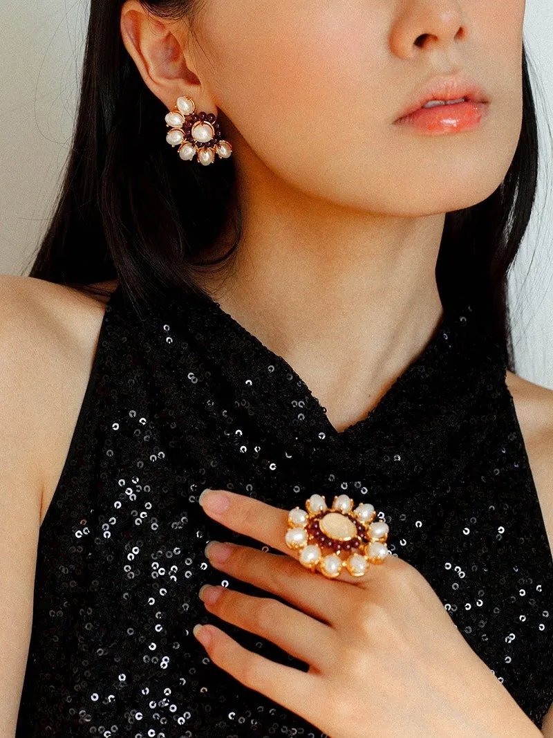 Natural Baroque Pearl Red Garnet Inlaid Open Ring