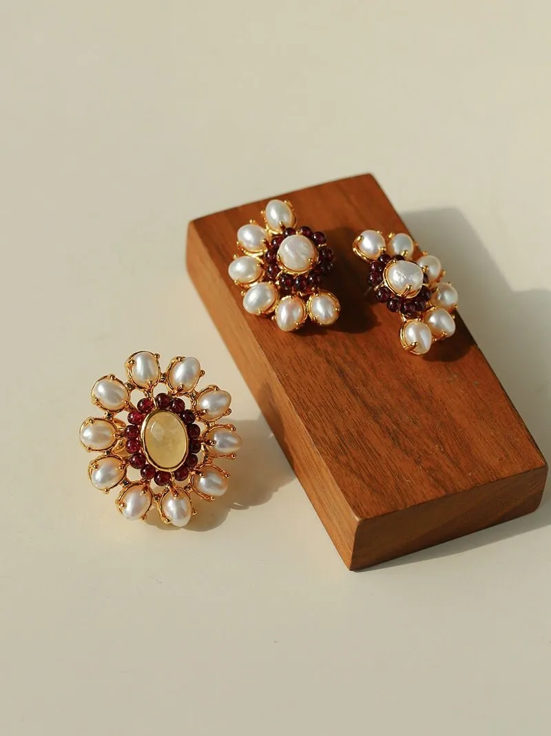 Natural Baroque Pearl Red Garnet Inlaid Open Ring