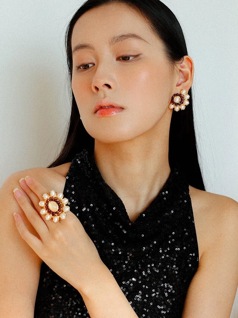 Natural Baroque Pearl Red Garnet Inlaid Open Ring