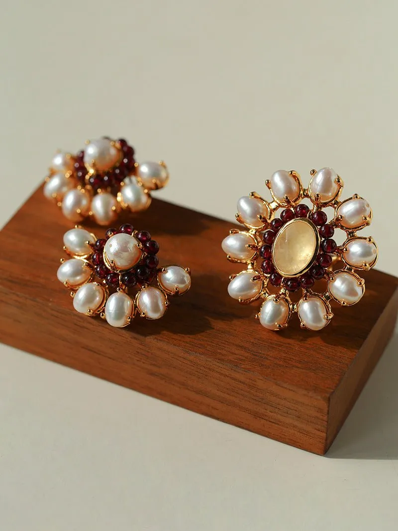 Natural Baroque Pearl Red Garnet Inlaid Open Ring
