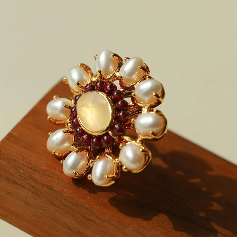 Natural Baroque Pearl Red Garnet Inlaid Open Ring