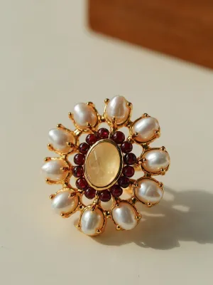 Natural Baroque Pearl Red Garnet Inlaid Open Ring