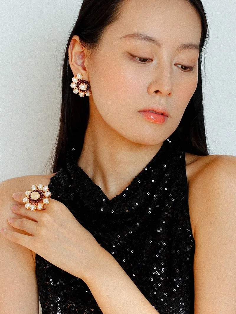 Natural Baroque Pearl Red Garnet Inlaid Open Ring