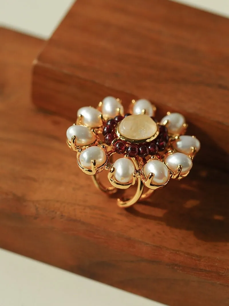 Natural Baroque Pearl Red Garnet Inlaid Open Ring