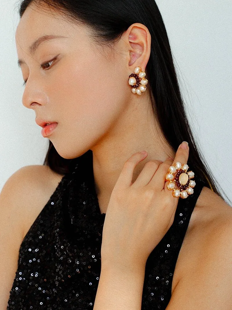 Natural Baroque Pearl Red Garnet Inlaid Open Ring