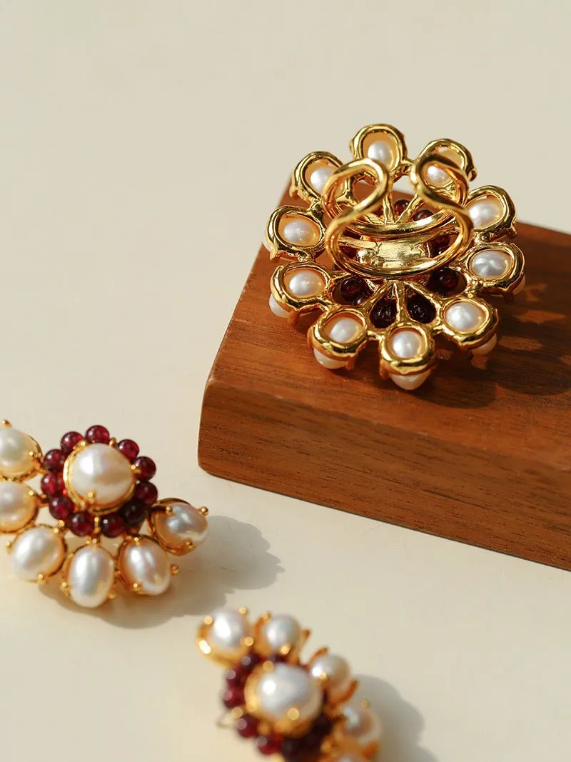 Natural Baroque Pearl Red Garnet Inlaid Open Ring