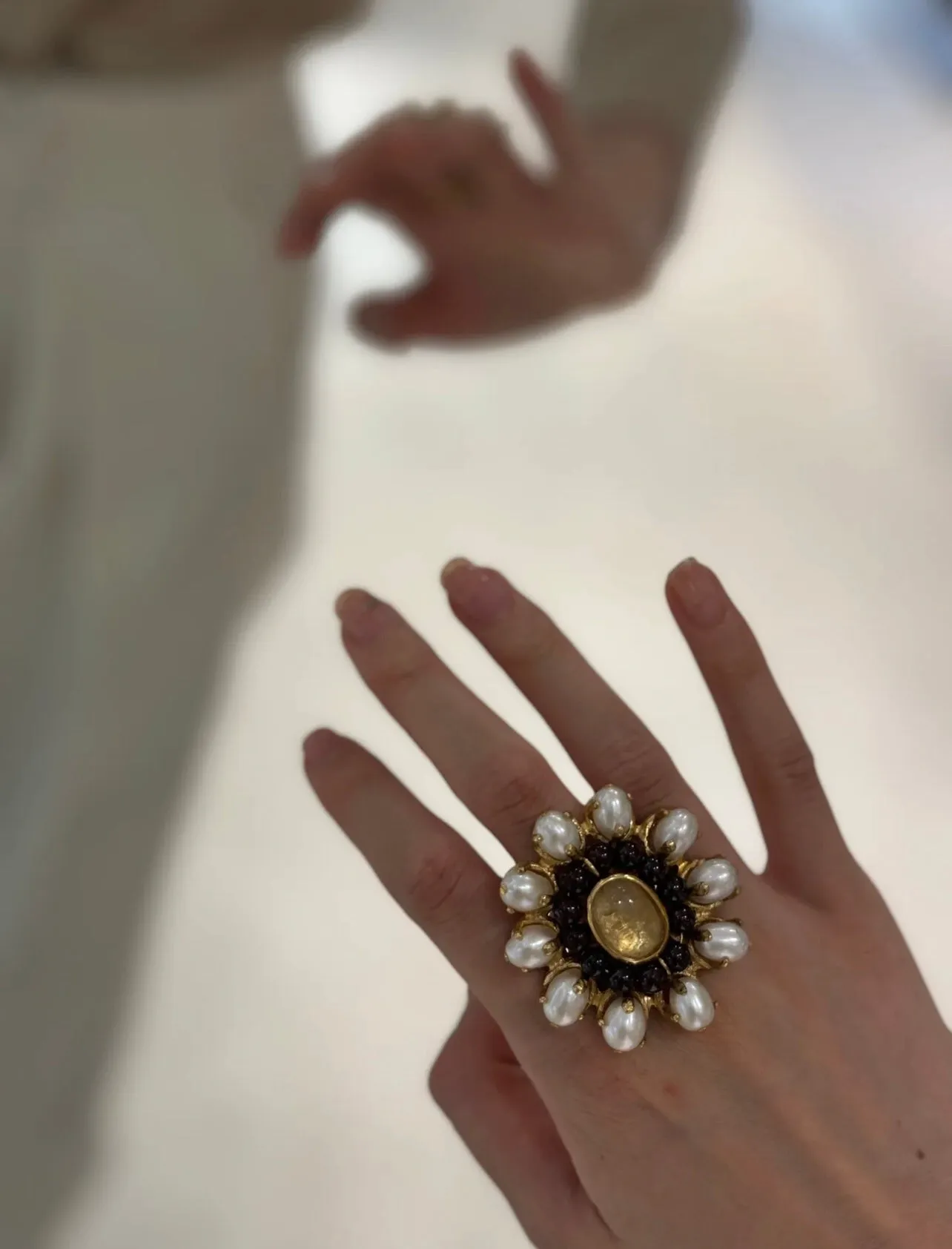 Natural Baroque Pearl Red Garnet Inlaid Open Ring