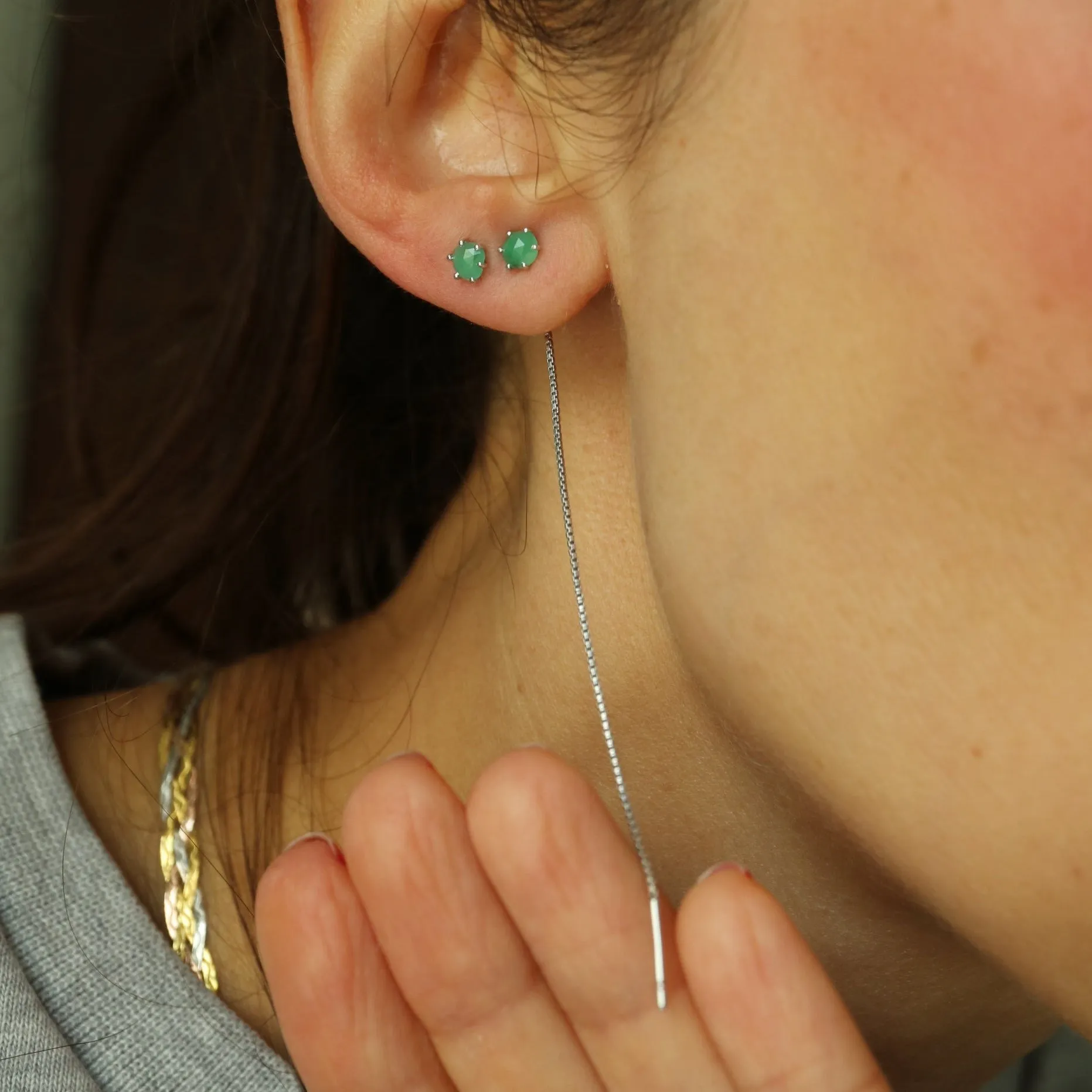 Natural Emerald Chic Chain Silver Earrings