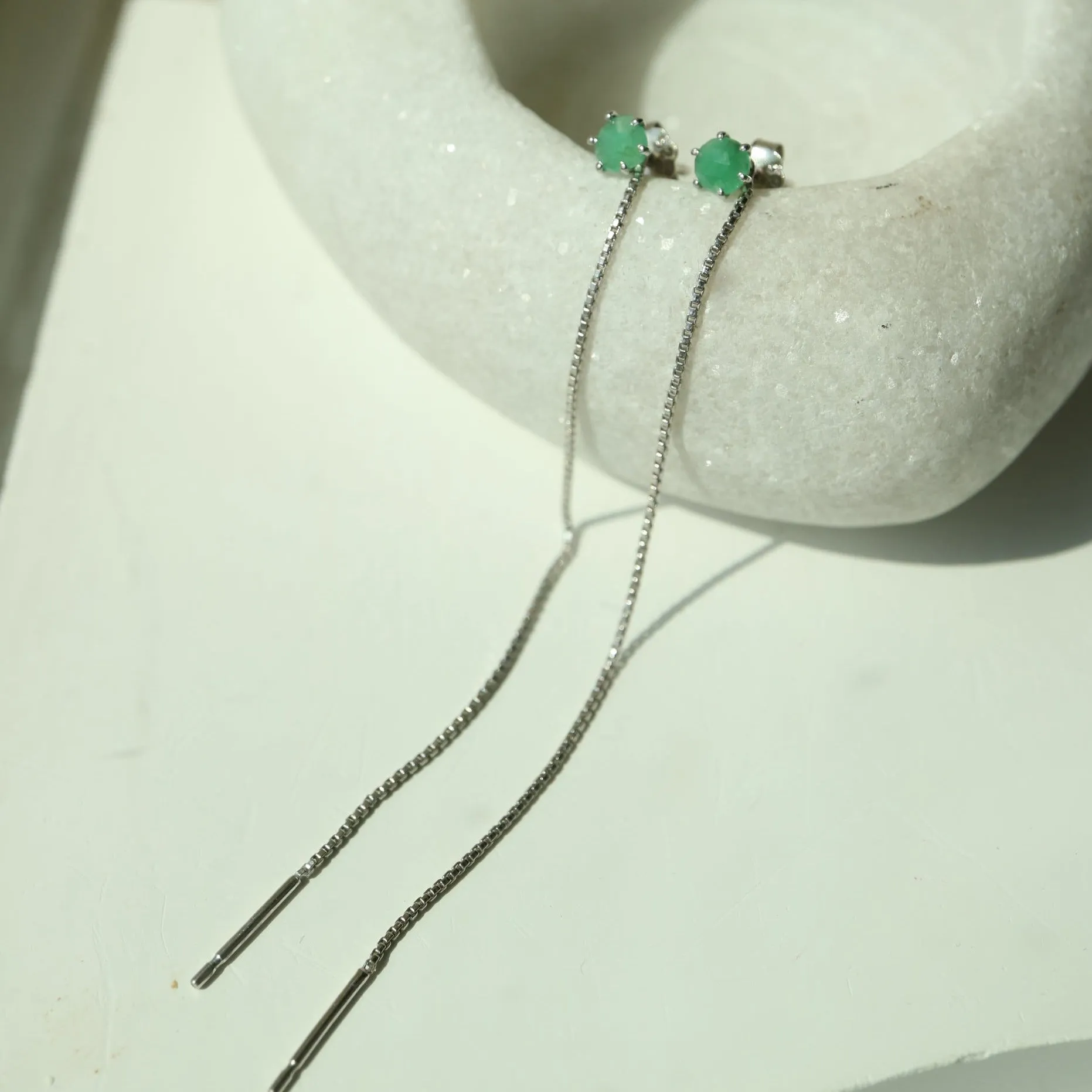 Natural Emerald Chic Chain Silver Earrings
