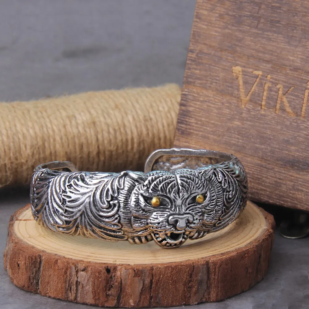 New Style Men's Classic Punk Domineering Tiger Carved Metal Open Bracelet