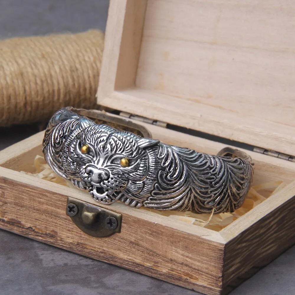 New Style Men's Classic Punk Domineering Tiger Carved Metal Open Bracelet