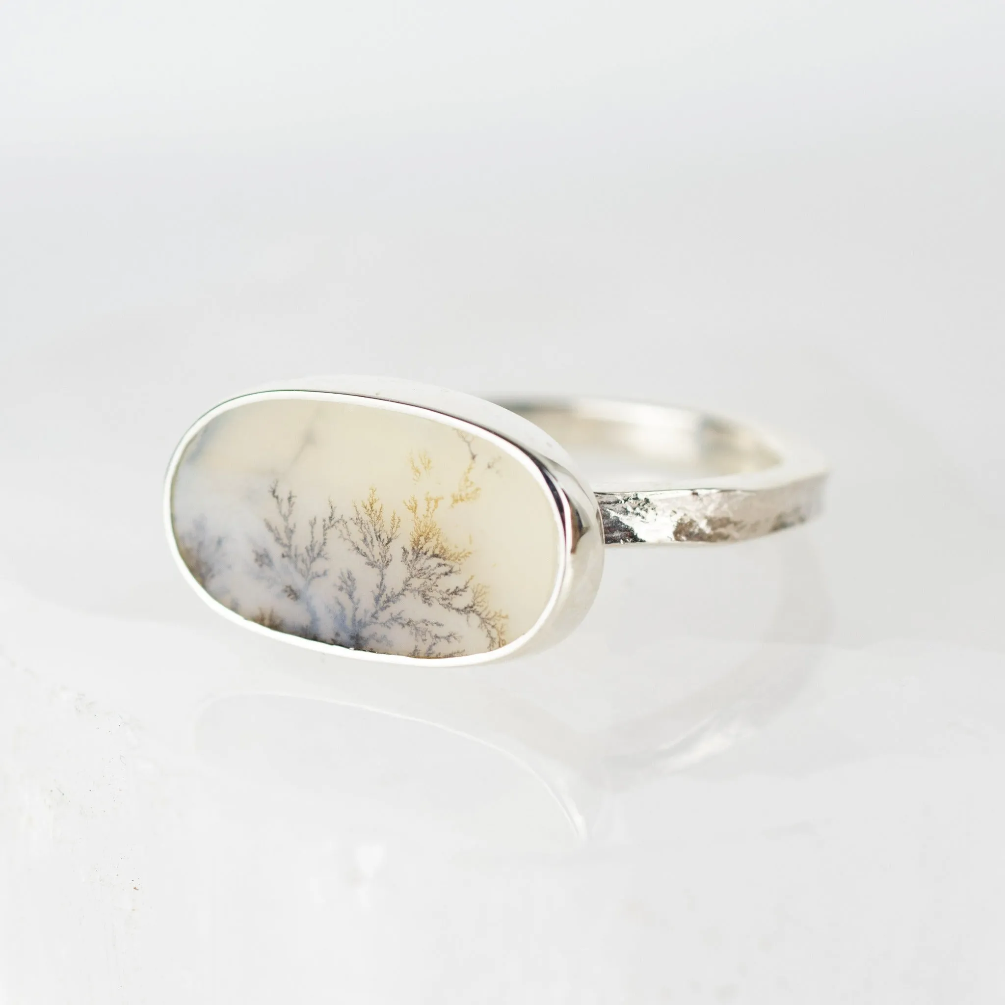 No.41 - Silver Dendritic Agate Oval Ring - Size V