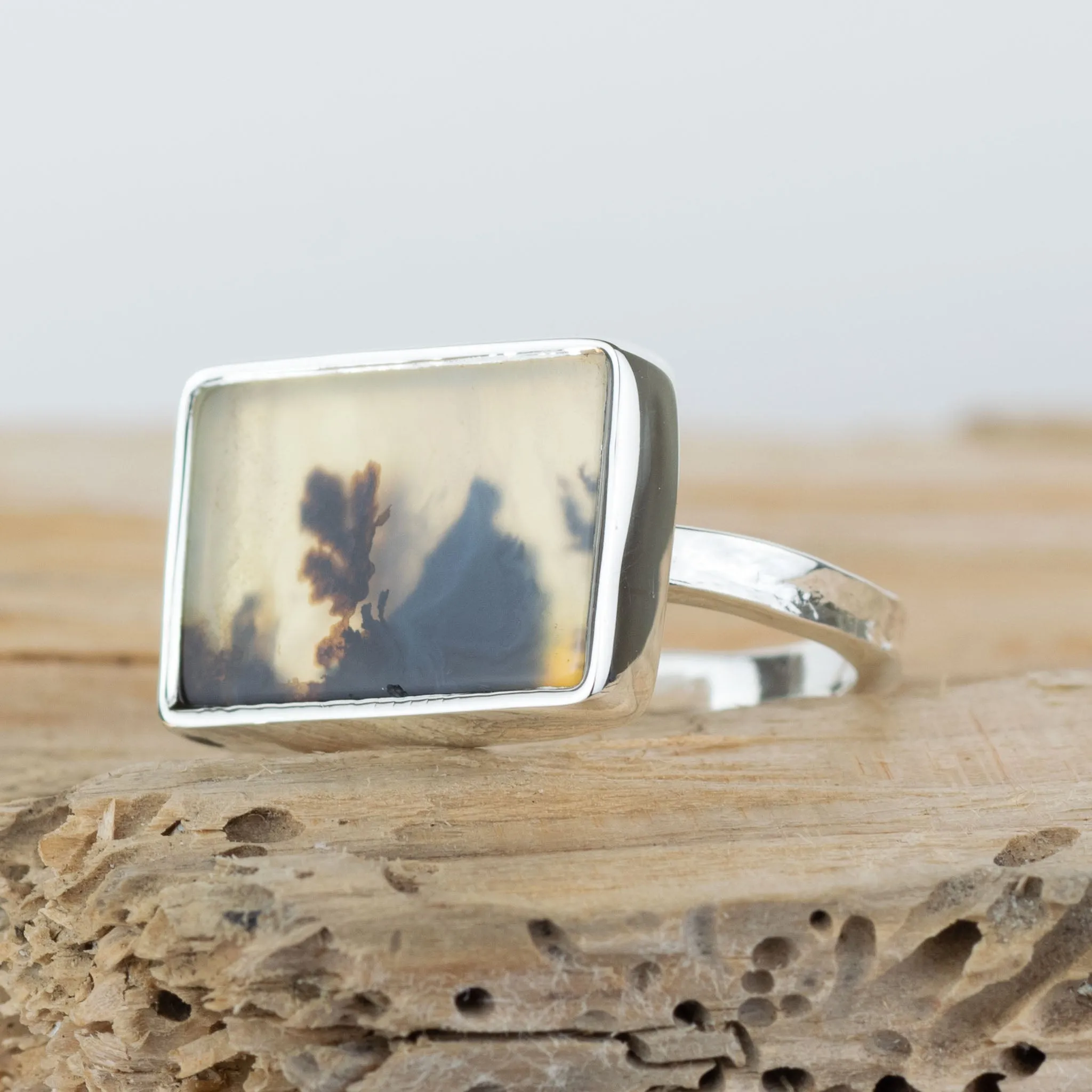 No.715 - Silver Dendritic Agate Ring - Size N