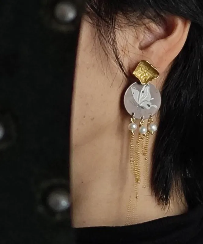Original Design Gold Sterling Silver Overgild Pearl Butterfly Tassel Drop Earrings QJ016