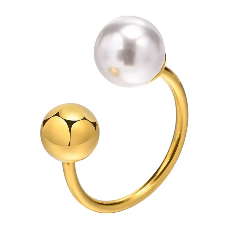 Pearl and Gold Ball Adjustable Ring