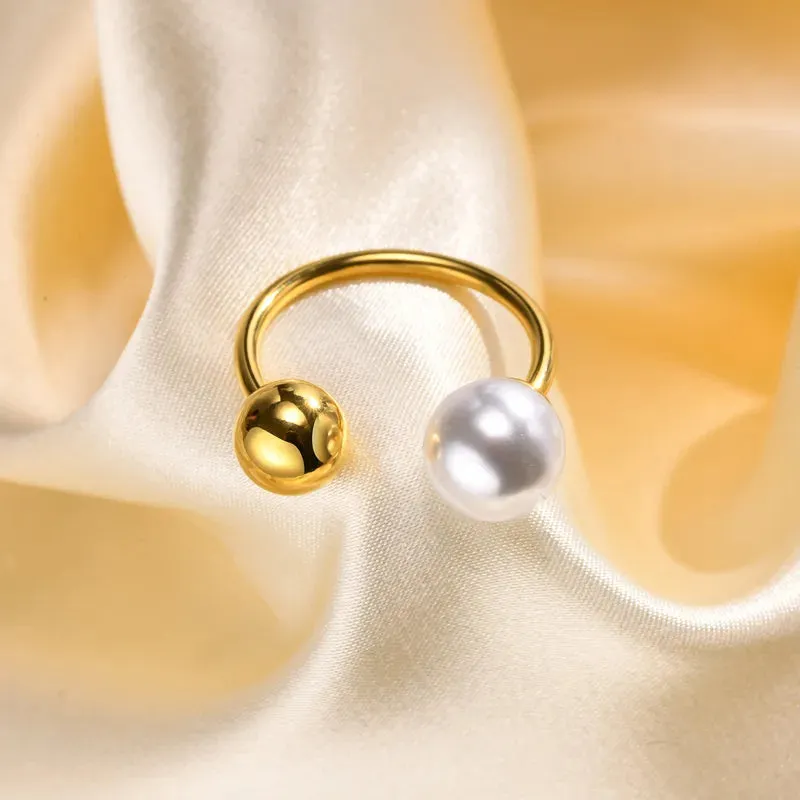 Pearl and Gold Ball Adjustable Ring