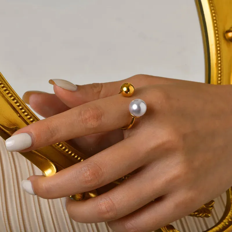 Pearl and Gold Ball Adjustable Ring