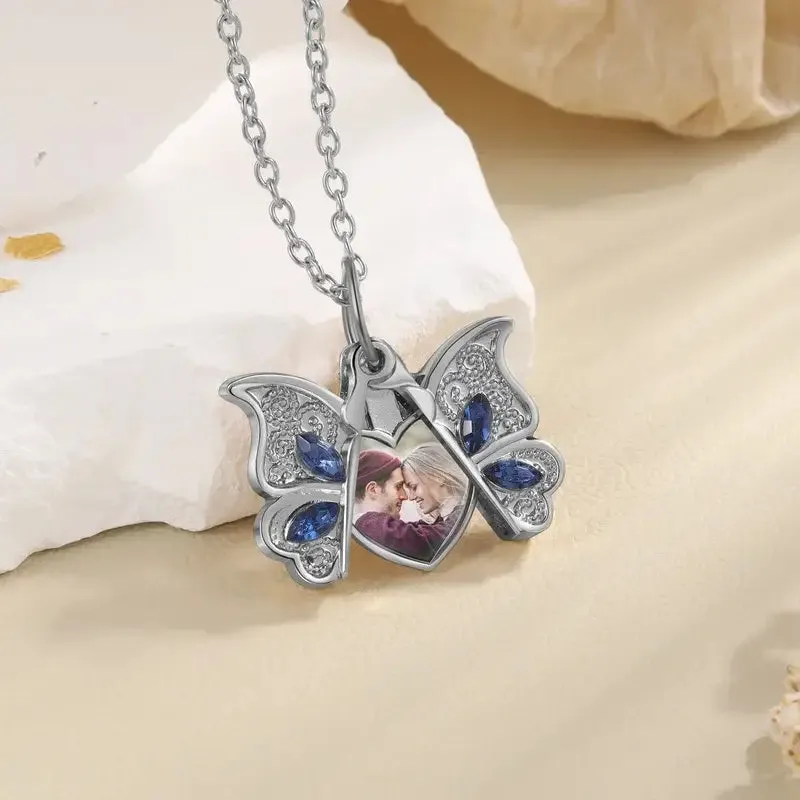 Personalised Butterfly Photo Locket Necklace - Heart Charm in Silver/Gold