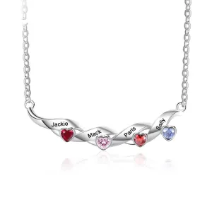 Personalized Name Engraving Necklace with 4 Heart Birthstones Unique Twisted Design Pendant Necklace Mothers Day Gift