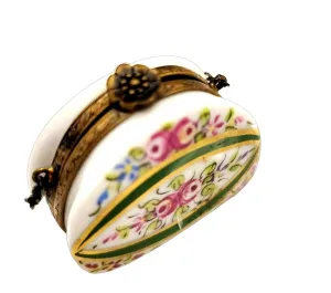 Purse w Flowers and Green Line Antiqued Brass - One of a Kind Hand Painted