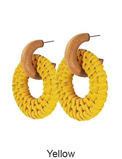 Rattan Earring, Hand Woven Earring, Natural Woven earring, Straw earring, Round Hook Earrings