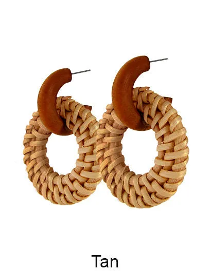 Rattan Earring, Hand Woven Earring, Natural Woven earring, Straw earring, Round Hook Earrings